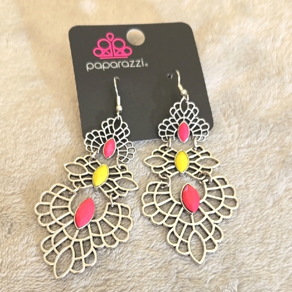 #063 Paparazzi Silver and Pink Statement Earrings